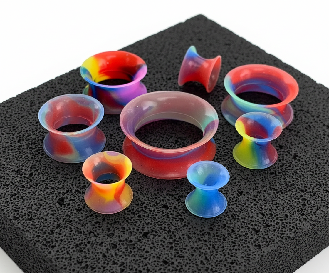Rainbow Silicone Skins tunnels (5mm-22mm) on volcanic stone with a clean white background.