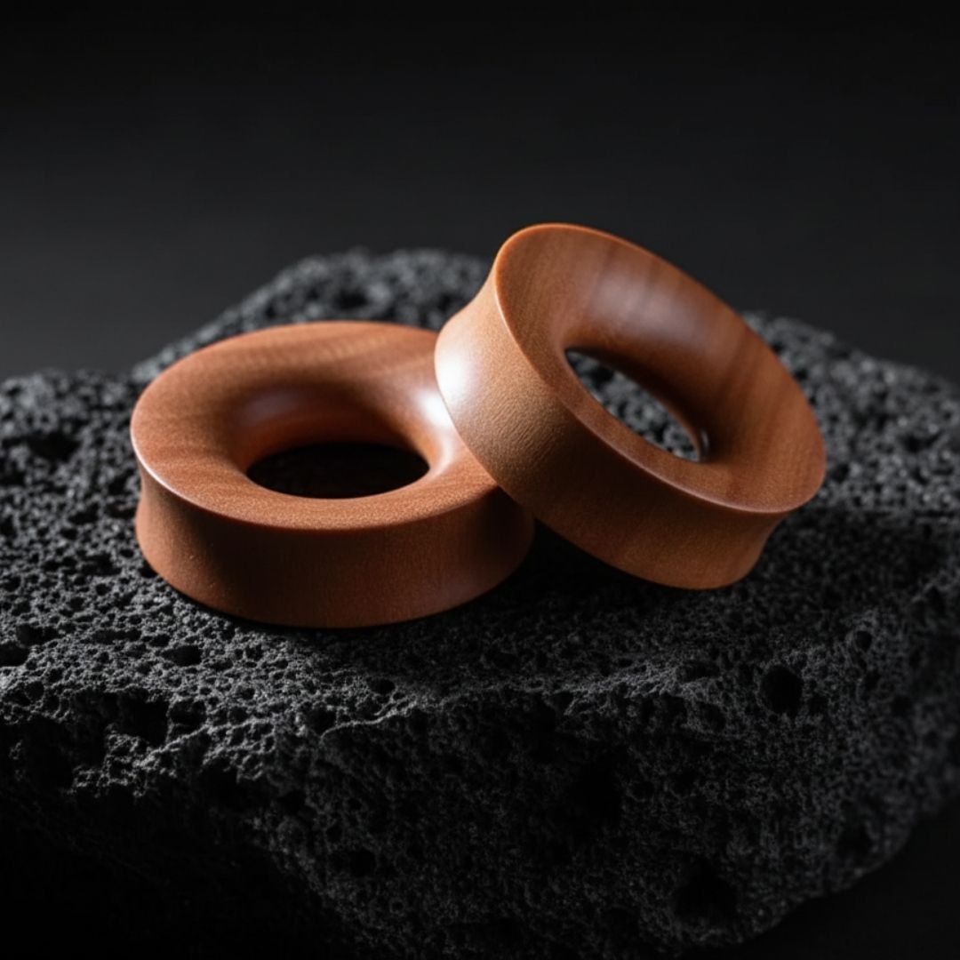 Pair of organic Saba Wood tunnels (plugs/gauges) for stretched ears, shown on a neutral background, available in sizes 6mm to 38mm.