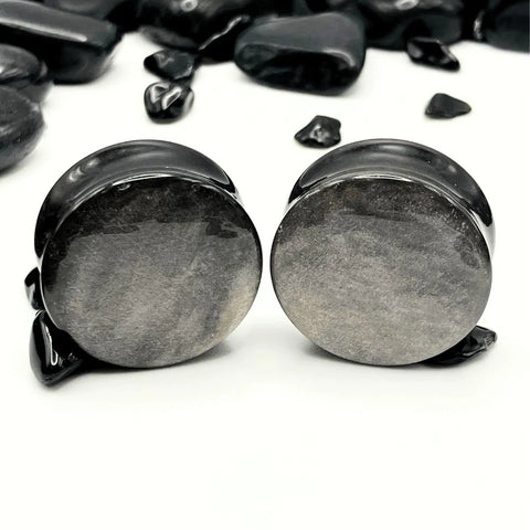 Metallic Silver Obsidian Stone Ear Plugs.