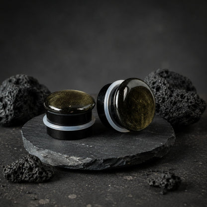 Single Flare Golden Obsidian stone plugs on top of smooth black volcanic stone