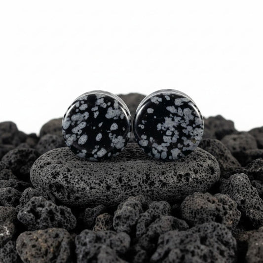 Pair of Snowflake Obsidian plugs resting on a dark surface. Black and white natural stone gauges for stretched lobes.