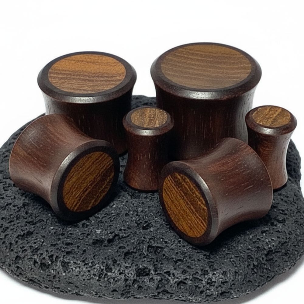 A pair of Sono Wood Plugs with Teak, sizes 6mm-16mm, on a rock against a white background.