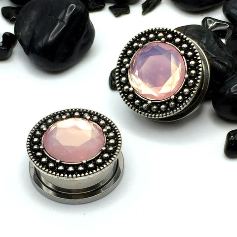 Antique Steel Plugs with Radiant Pink Opalite Center