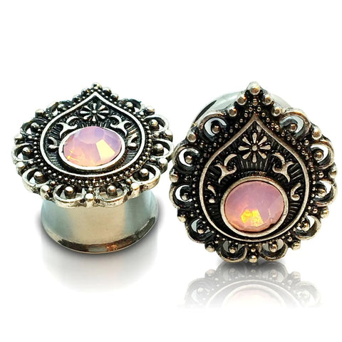 Steel Teardrop Plugs with Antique Pink Opalite