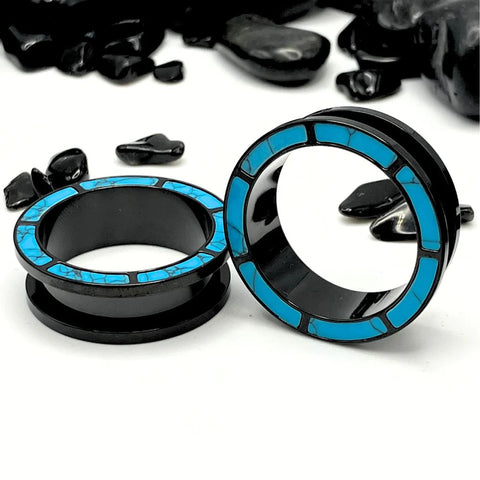 Black Steel Ear Tunnel with Turquoise Inlay on Rim.
