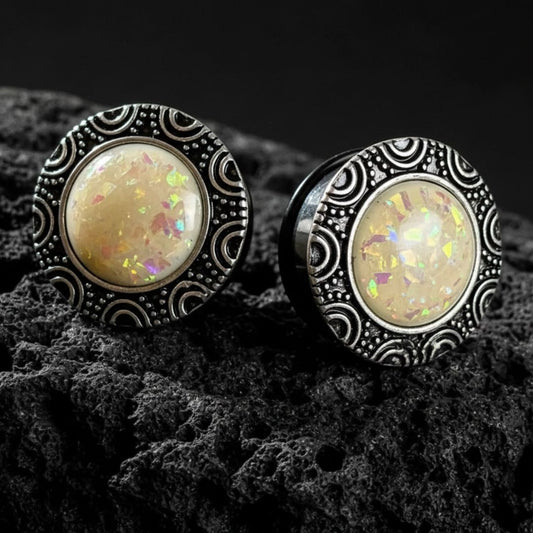 Pair of steel opal inlay plugs (gauges) 1 inch (25mm) size for stretched ears. Grungy alternative jewelry.