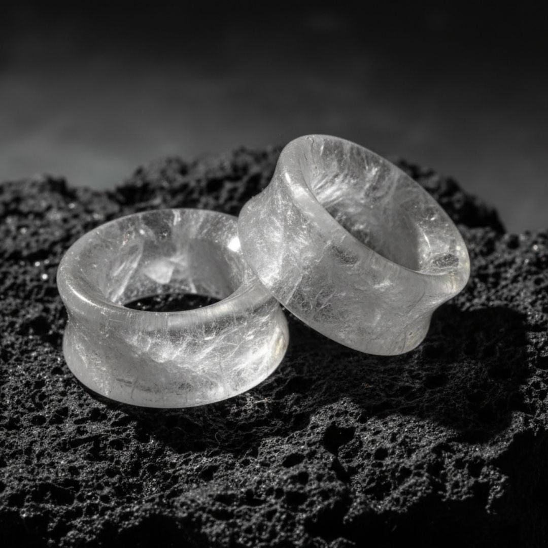 Pair of Icicle Quartz Stone Tunnels (Gauges) in double-flared design. Crystalline stone plugs for stretched ear alt jewelry.