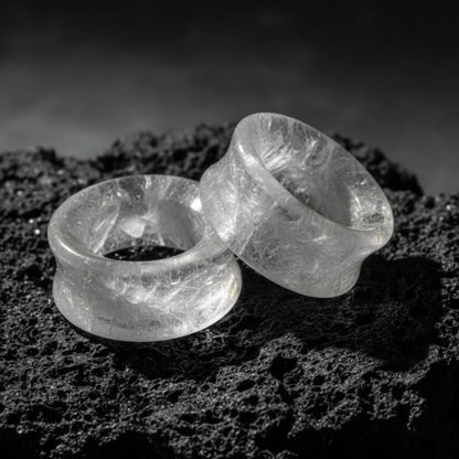 Pair of Icicle Quartz Stone Tunnels (Gauges) in double-flared design. Crystalline stone plugs for stretched ear alt jewelry.