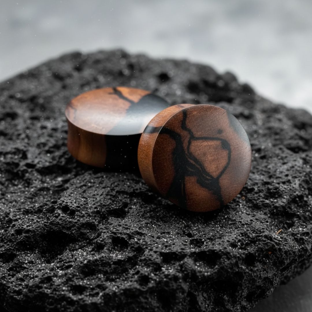 Pair of dark, organic Striped Ebony wood plugs shown flat, highlighting the natural grain texture. Gauges for stretched ears.