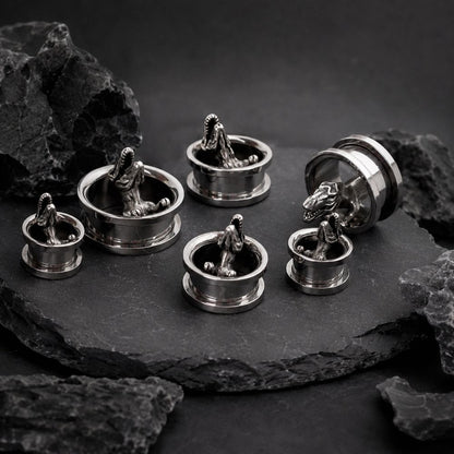 Six silver-toned metal ear plugs with detailed t rex carvings, arranged on a dark slate slab with black rocks around them.