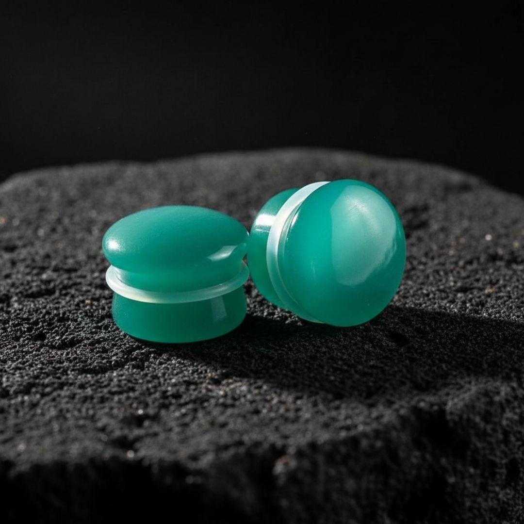 A pair of teal dragon eye stone plugs made of cat eye material for stretched ears, shown in dual-flared style.