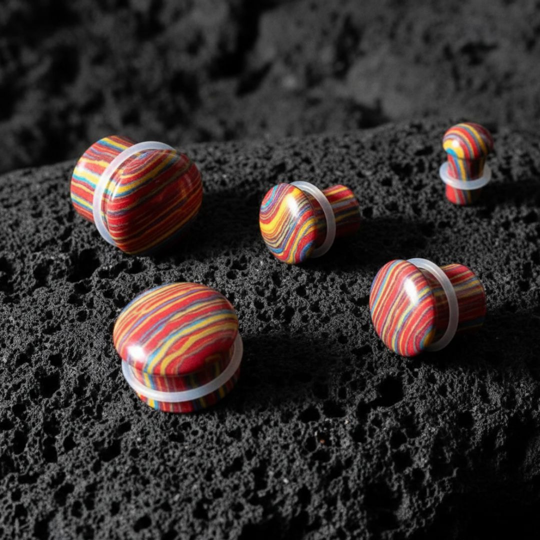 Psychedelic Stone Plugs in synthetic tie dye stone (6mm-16mm) on volcanic rock.