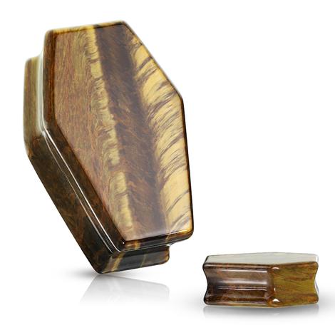 Golden brown Tigers Eye crafted into distinctive coffin-shaped plugs. Wear the conversation.