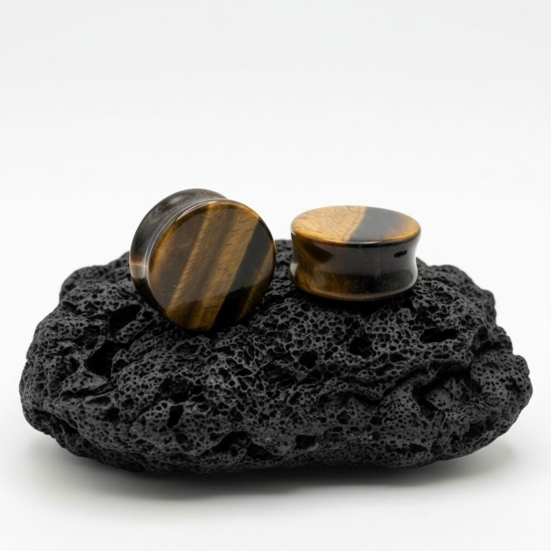 Pair of Tigers Eye stone plugs and gauges, natural brown and gold stone jewelry for stretched lobes (2G - 1 inch).
