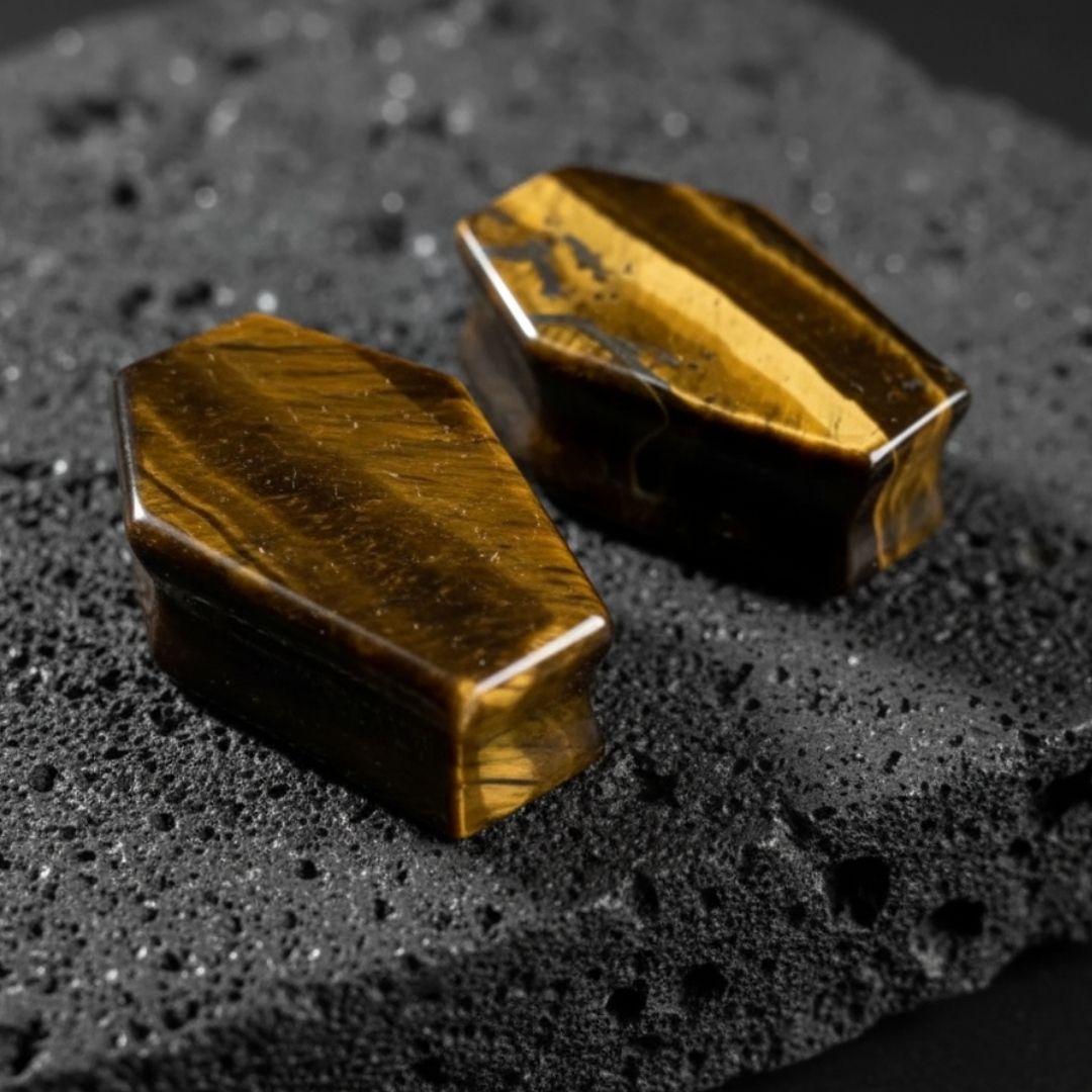 Pair of natural Tiger's Eye stone coffin plugs, double flared tunnels for stretched ear lobes, 6mm to 25mm sizes for gauges.