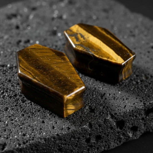 Pair of natural Tiger's Eye stone coffin plugs, double flared tunnels for stretched ear lobes, 6mm to 25mm sizes for gauges.