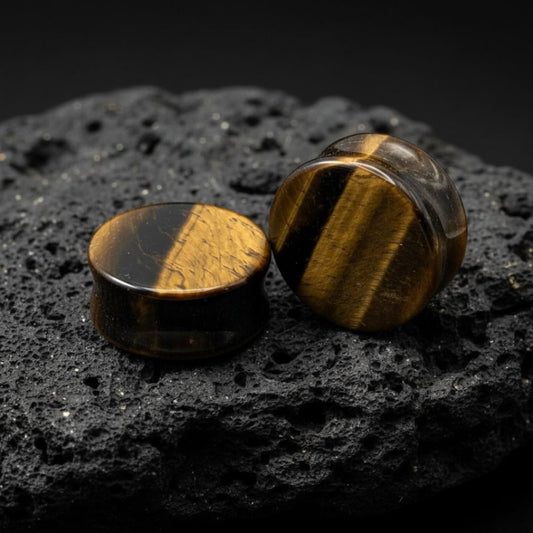 Pair of Tigers Eye stone plugs and gauges, natural brown and gold stone jewelry for stretched lobes (2G - 1 inch).