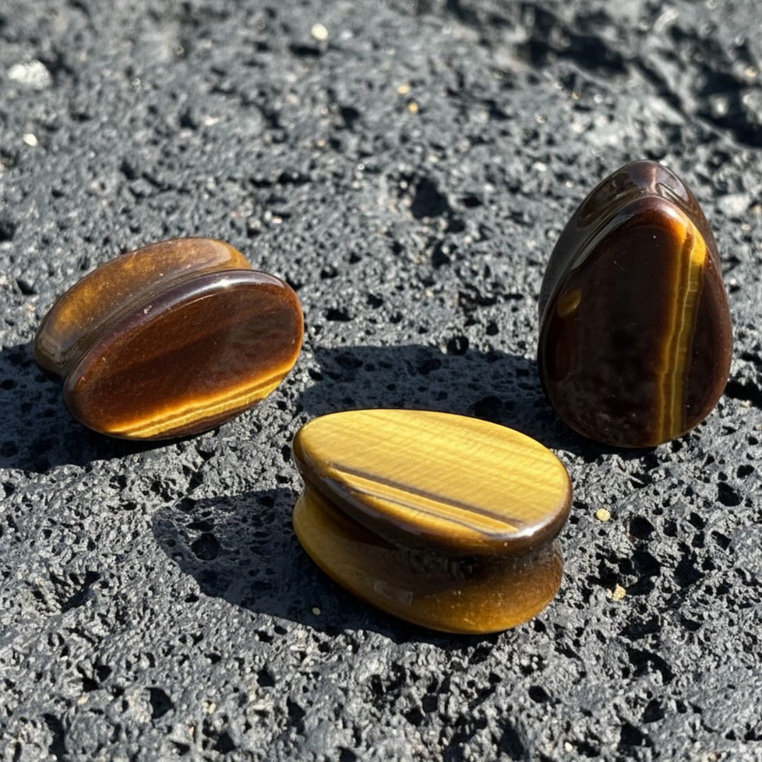 A pair of Tigers Eye Stone Teardrop Plugs (6mm-38mm) on dark volcanic rock with dramatic lighting.