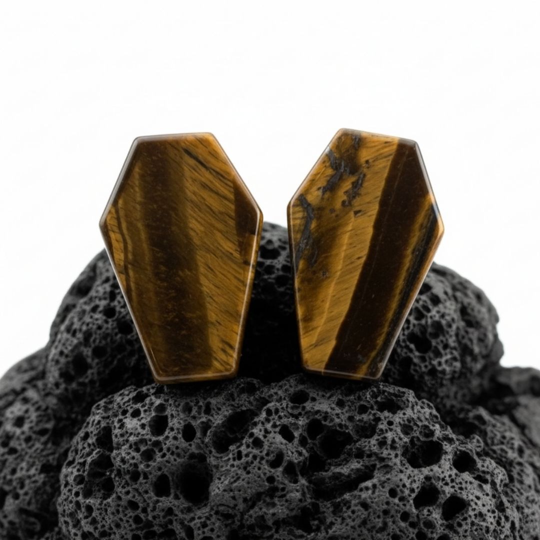 Pair of natural Tiger's Eye stone coffin plugs, double flared tunnels for stretched ear lobes, 6mm to 25mm sizes for gauges.