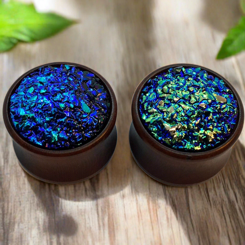 wood plugs for stretched ears with a faux blue druzy stone top