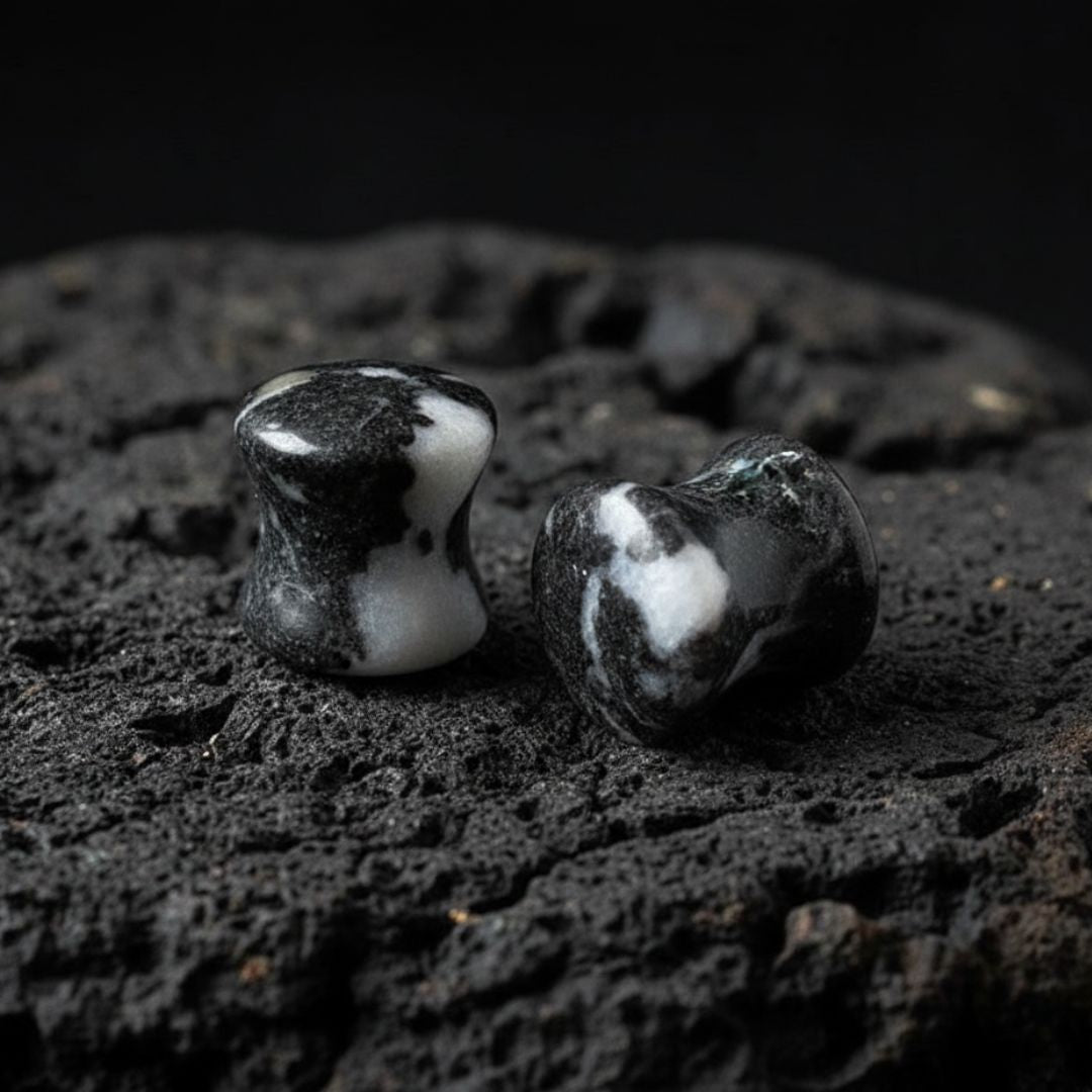 A pair of round Zebra Jasper stone plugs for stretched ears, displaying distinct black and white striped patterns on a white background.