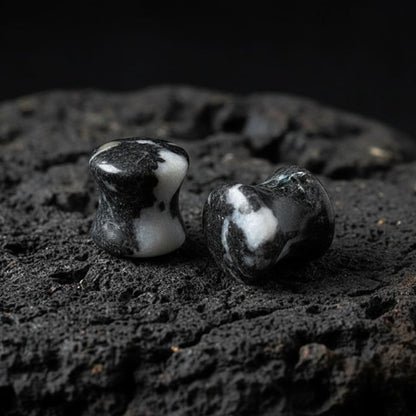 A pair of round Zebra Jasper stone plugs for stretched ears, displaying distinct black and white striped patterns on a white background.