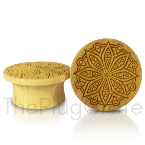 Mayan Flare Engraved Mandala Flower on Crocodile Wood Plugs