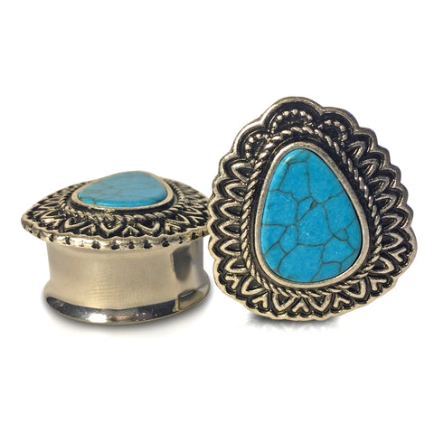 Premium Steel Faux Teardrop With Turquoise Plugs