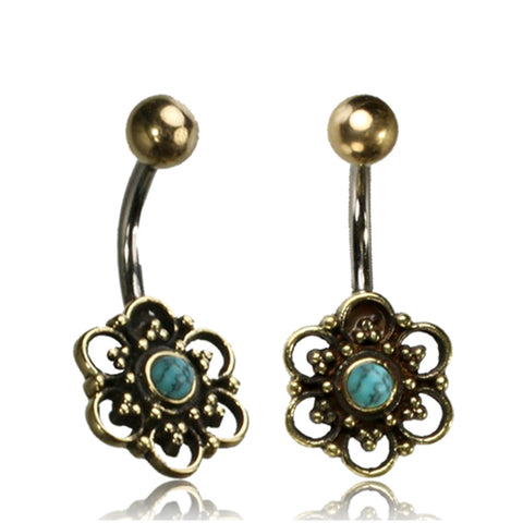 Flower With Turquoise Stone Belly Ring