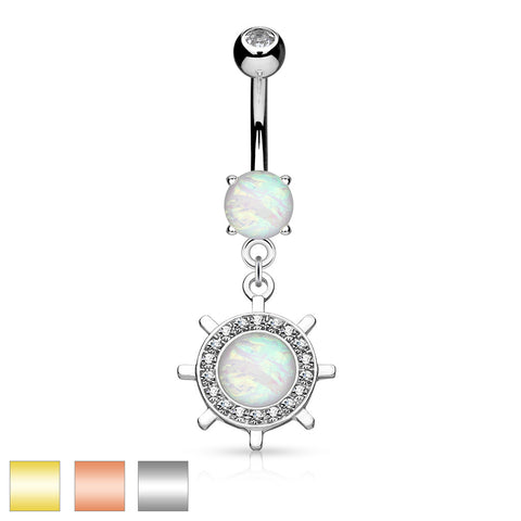 Yacht Wheel With Opal Dangle Surgical Steel Belly