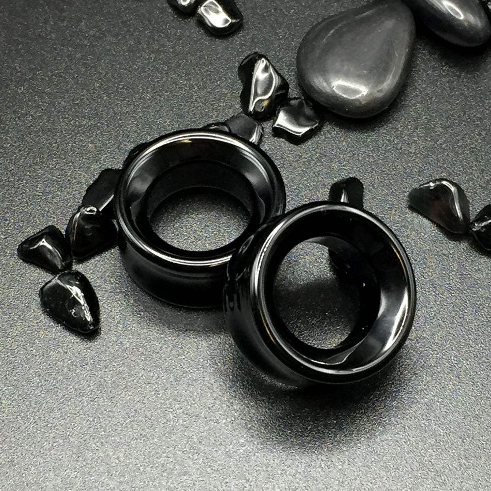 Premium Black Obsidian Stone Tunnels Ear Gauges Double Flare ThePlugCrate
