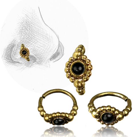 Premium Brass Nose Ring W/ Onyx Stone