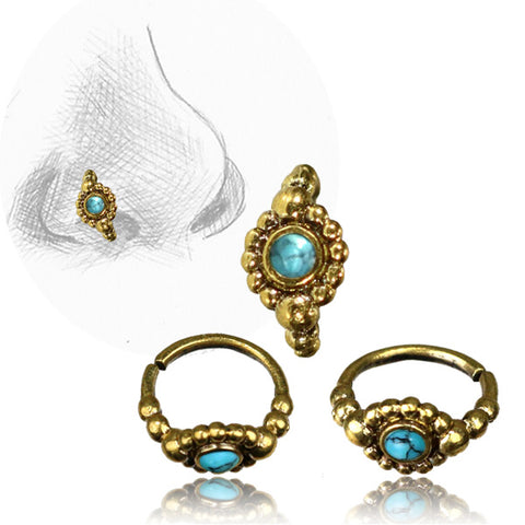 Premium Brass Nose Ring W/ Turquoise Stone
