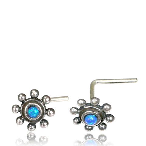 Premium Silver Nose Pin W/ Blue Opal L-Shaped