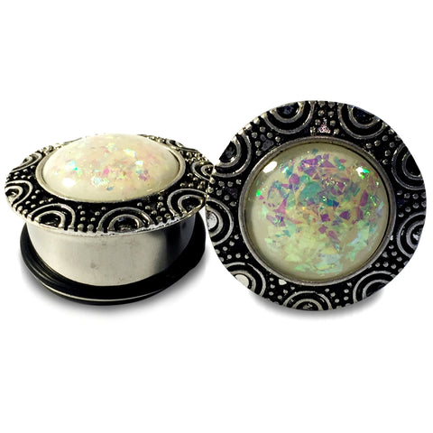 Steel Tribal Plugs With Faux Opal Inlay
