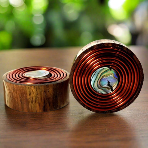a pair of sono wood wire plugs for stretched ears