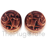 Bali Hand Carved Sugar Skull Plugs on Sawo Wood